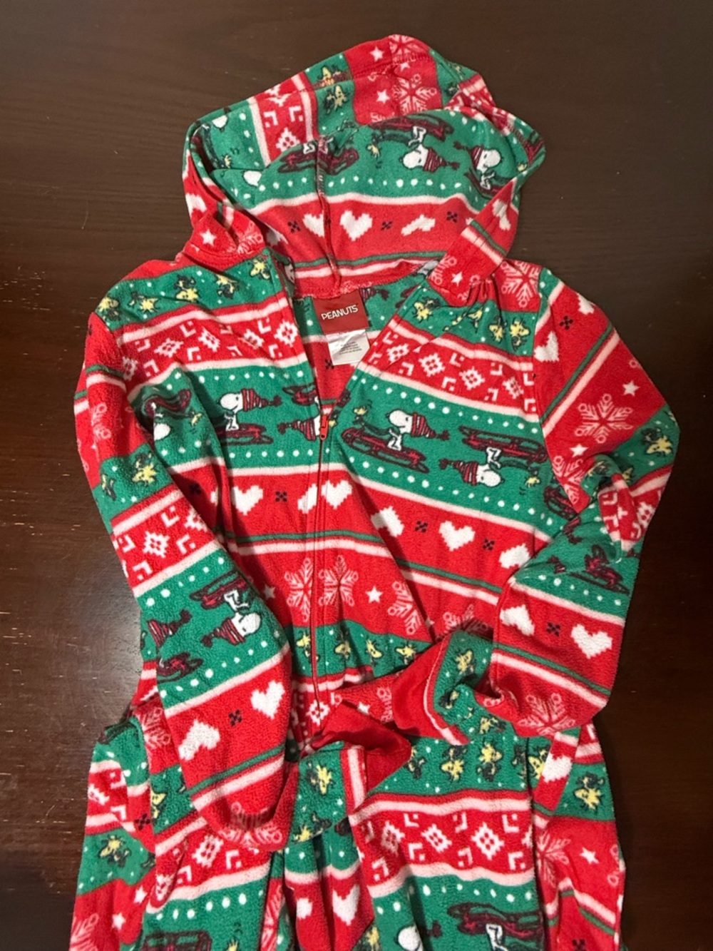 Peanuts Festive Snoopy Hooded Fleece Onesie PJs Red & Green Size L (Fits Small)